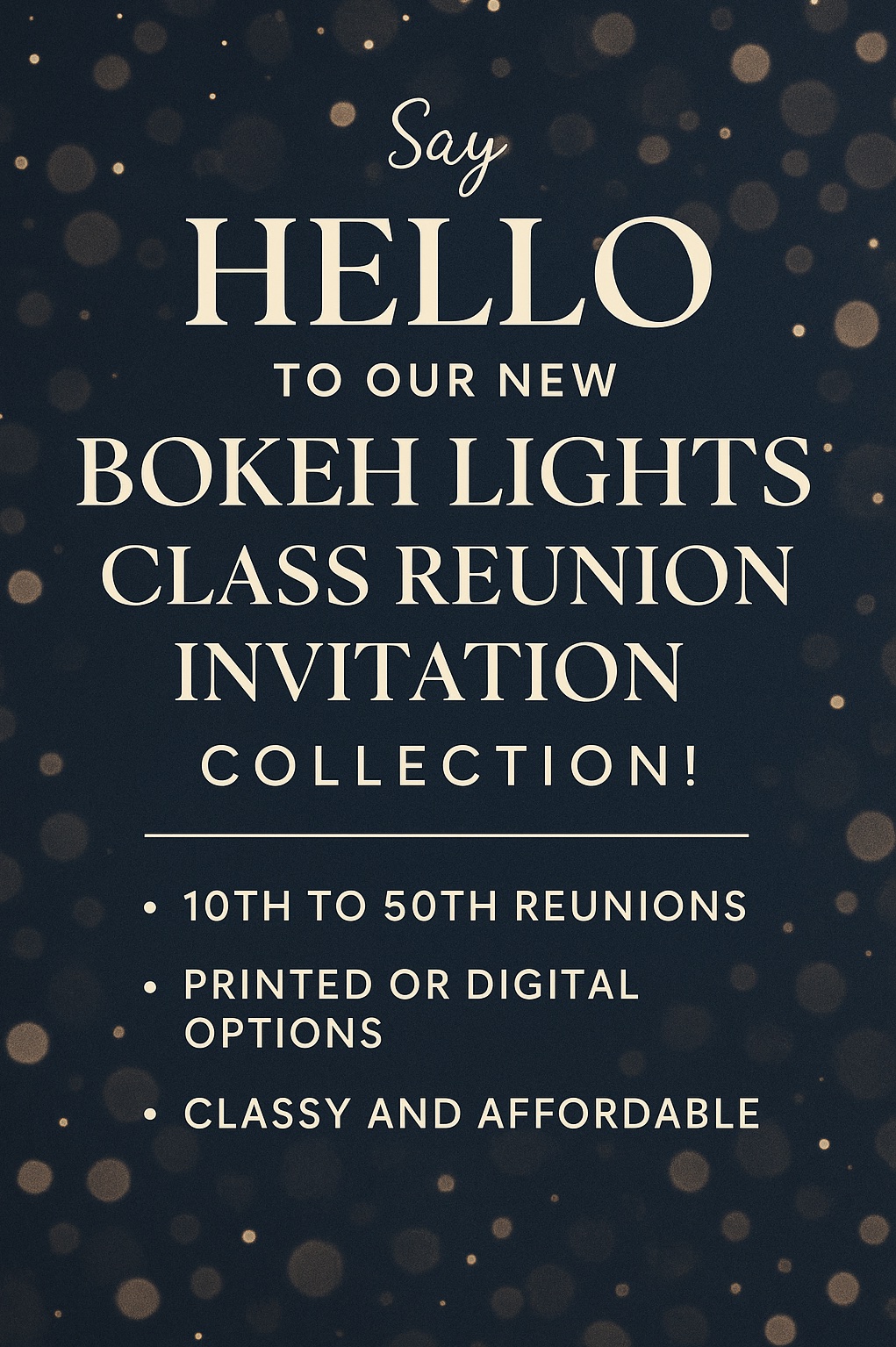 Bokeh Lights Class Reunion Invitation for 25th reunion with gold sparkle on navy background