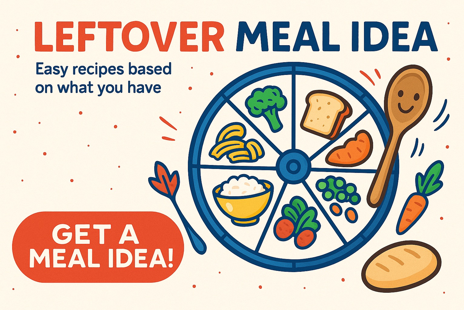 Colorful graphic showing the Leftover Meal Idea Spinner with food options like rice, pasta, broccoli, and more to reduce food waste.