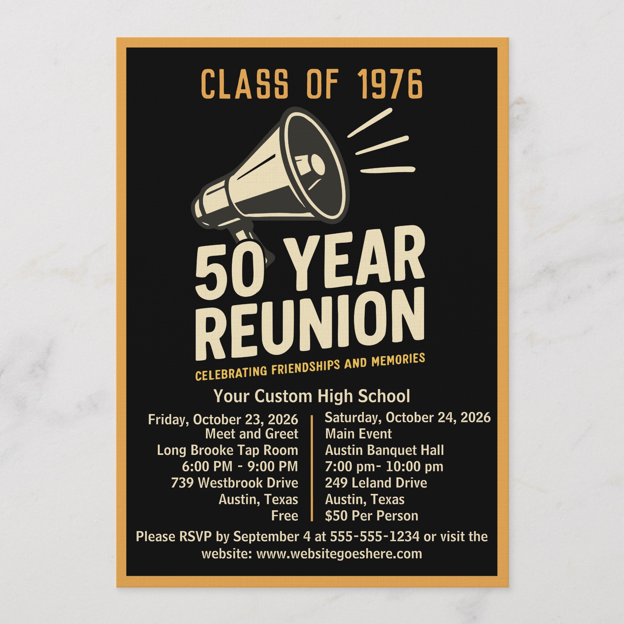 50 year class reunion invitation retro megaphone design