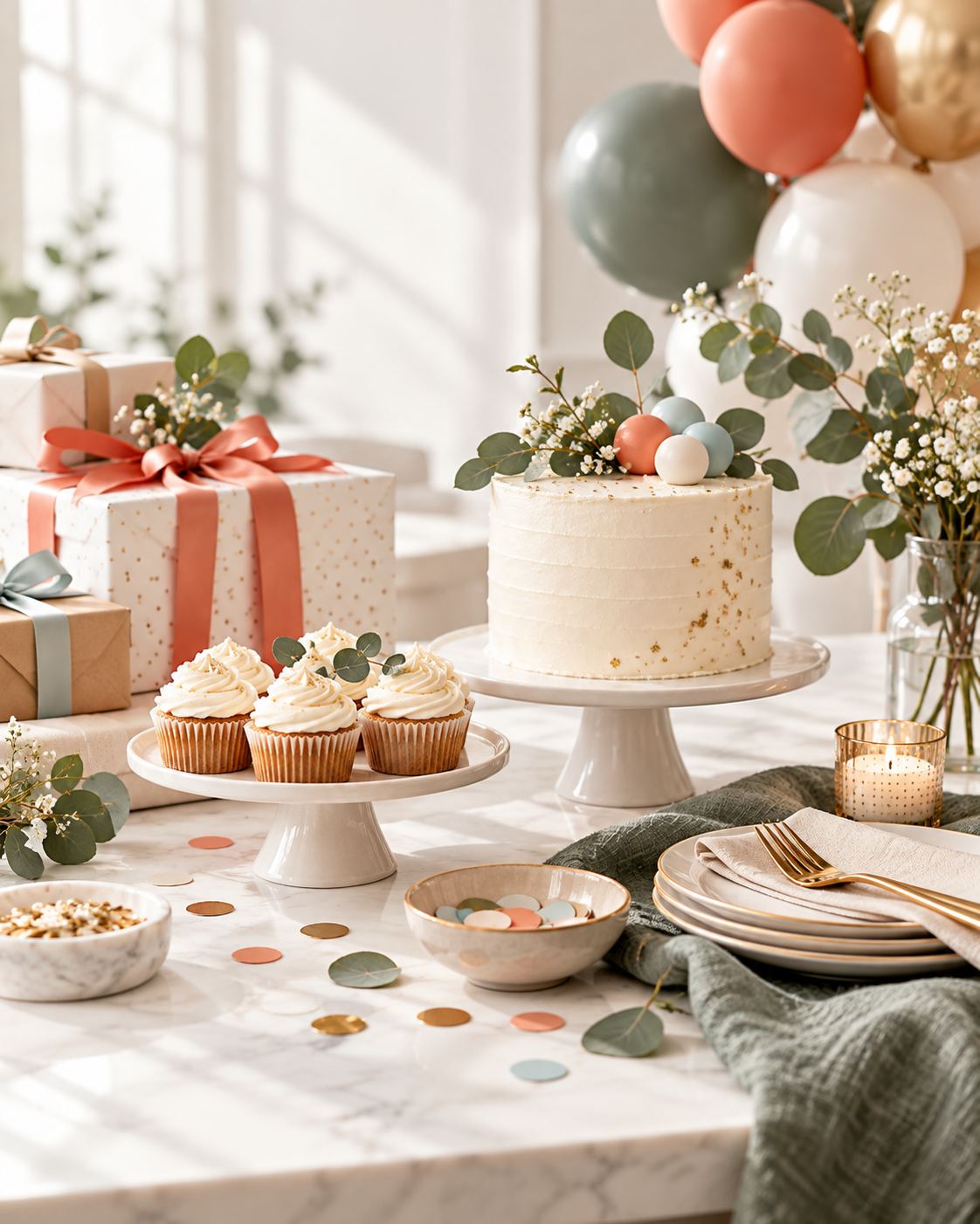 Modern birthday and baby shower celebration with cake, gifts and simple decorations