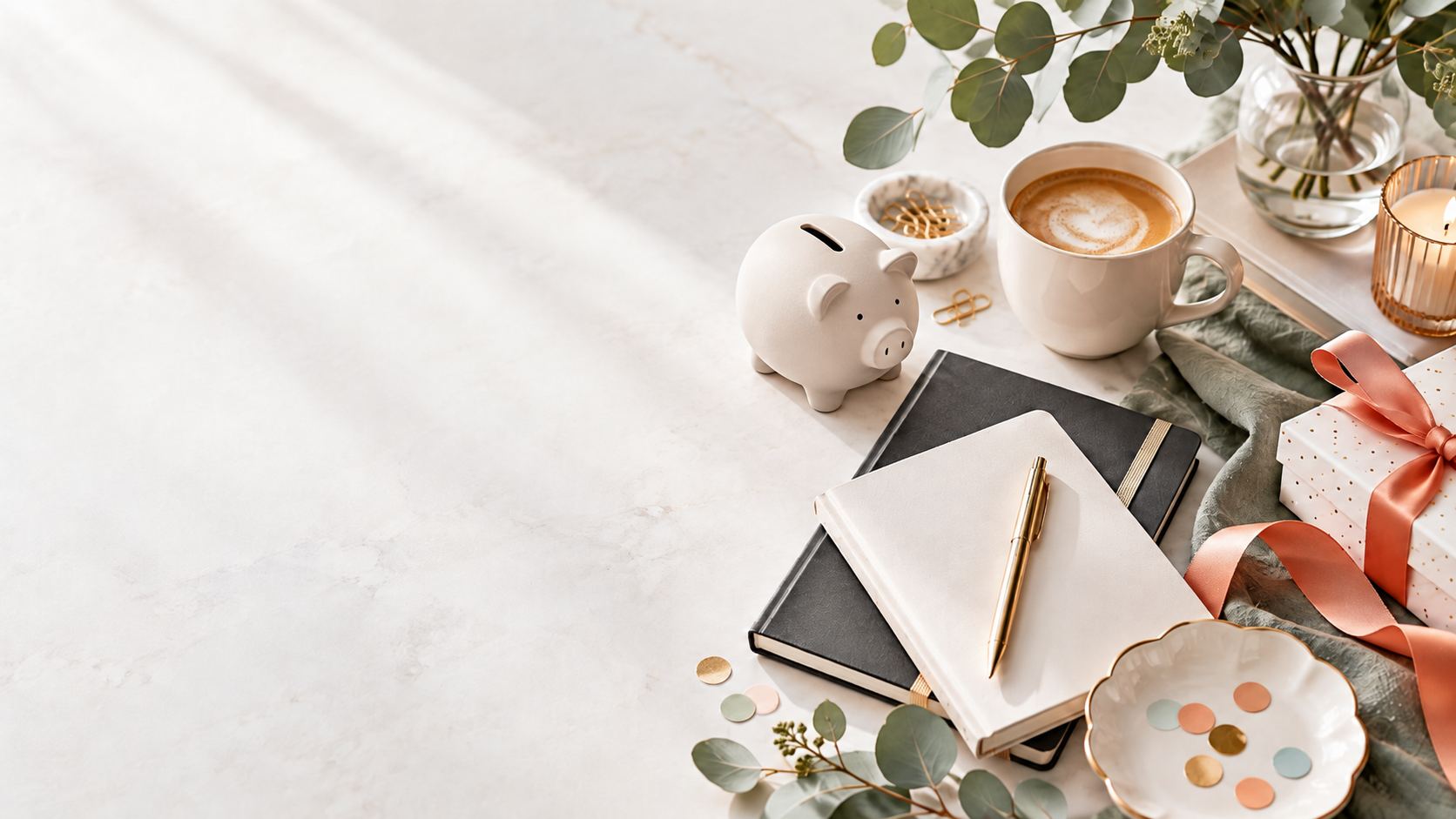 Modern savings desk with ceramic piggy bank, planner, coffee and gift