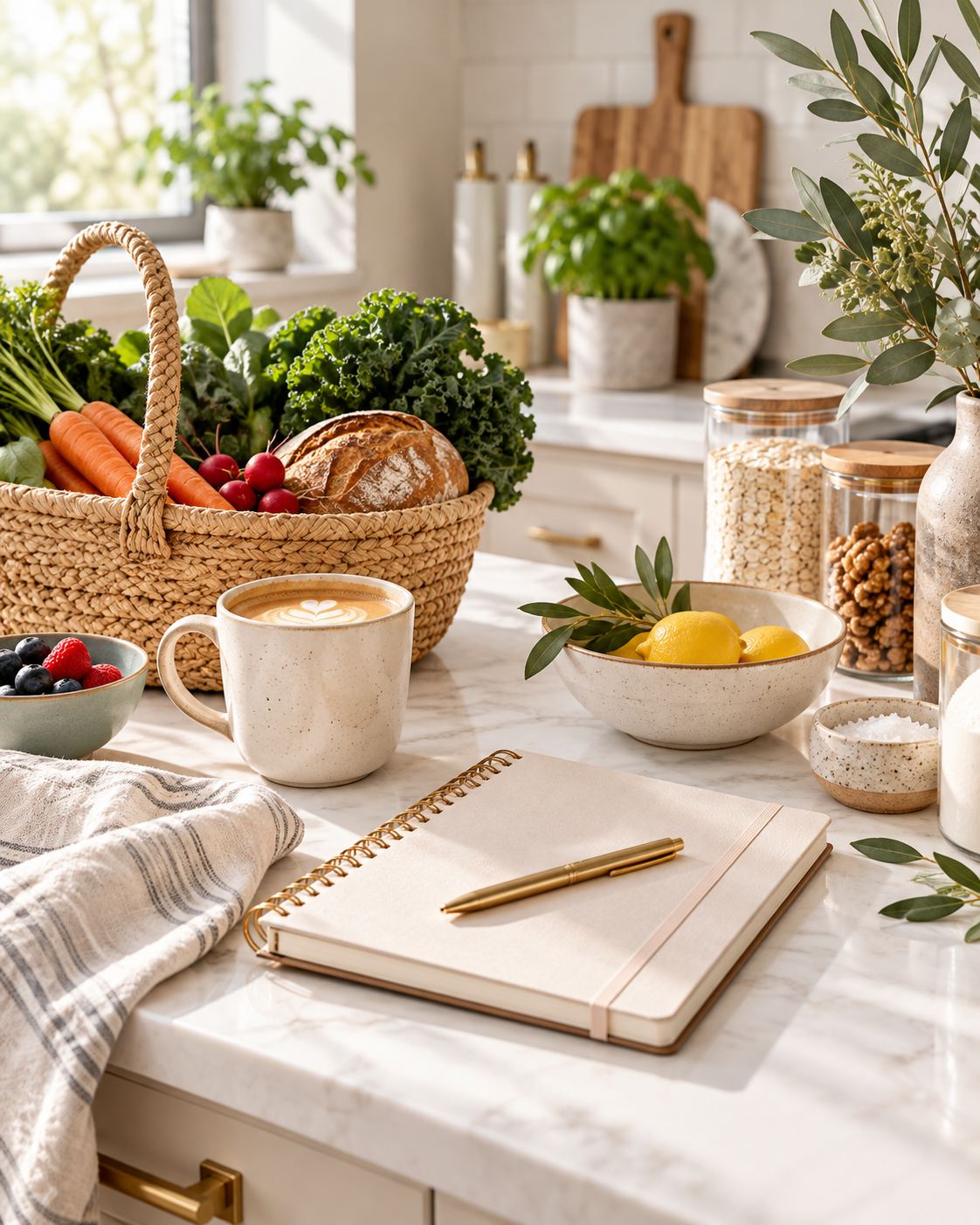 Budget-friendly grocery and meal planning with fresh produce and notebook