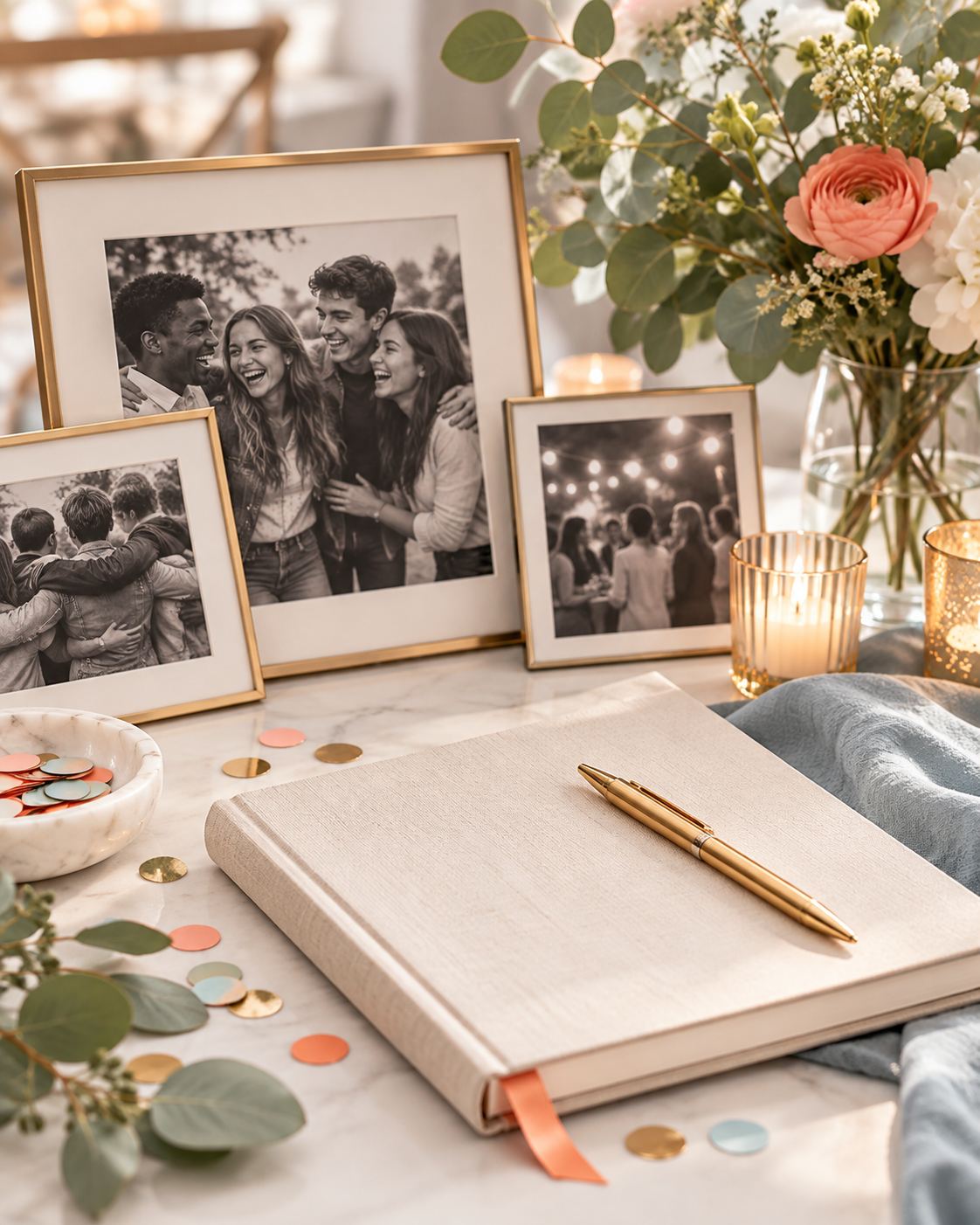 Class reunion table with guestbook, framed memories and elegant decor