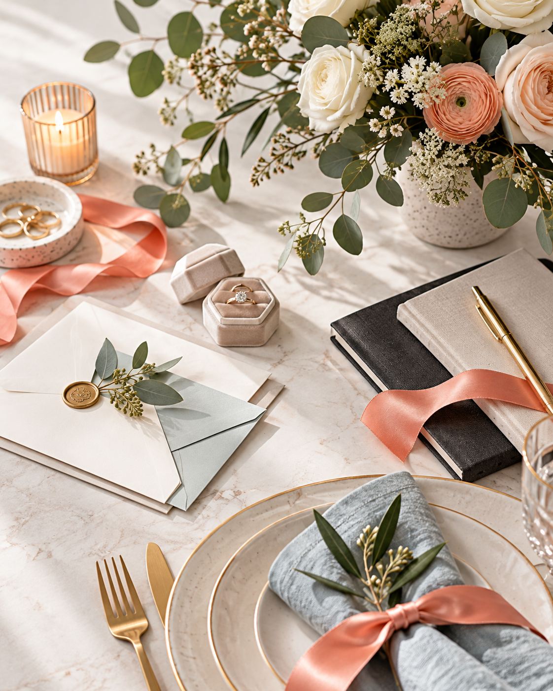 Modern wedding planning inspiration with neutral stationery and table decor